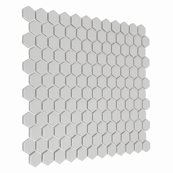 Zbliżenie mozaiki gresowej Mini Hexagon Ash matt.
