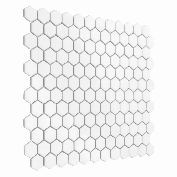 Zbliżenie mozaiki gresowej Mini Hexagon White matt.