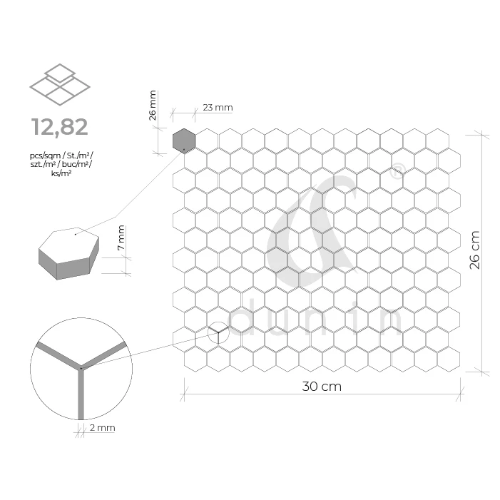 Wymiar plastra mozaiki gresowej Mini Hexagon Stripe 3.A matt.
