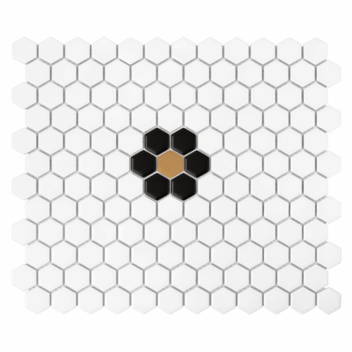 Mini Hexagon Daisy Black matt,płytka, mozaika,ceramiczna,na podłogi,ściany,kuchnia,łazienka,przedpokój,26x30cm