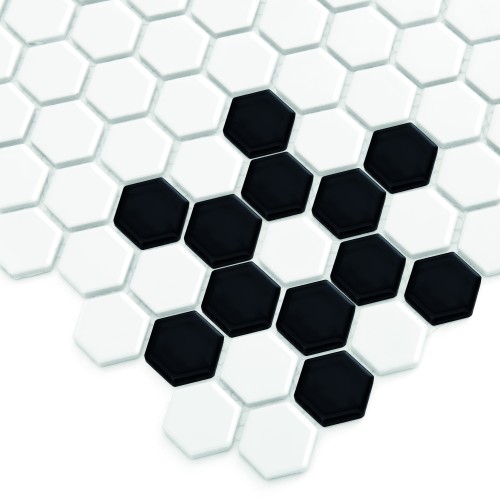 Mini Hexagon B&W SNOW,płytka,mozaika,ceramiczna,kuchnia,łazienka,przedpokój,podłogi,ściany,26x30cm.