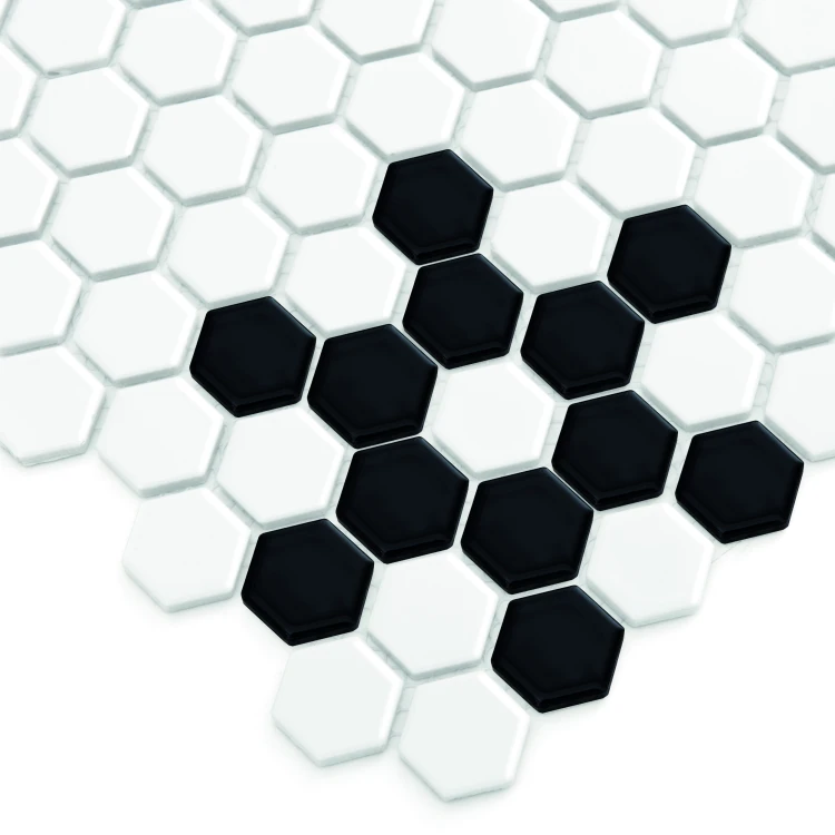 Mini Hexagon B&W SNOW,płytka,mozaika,ceramiczna,kuchnia,łazienka,przedpokój,podłogi,ściany,26x30cm.