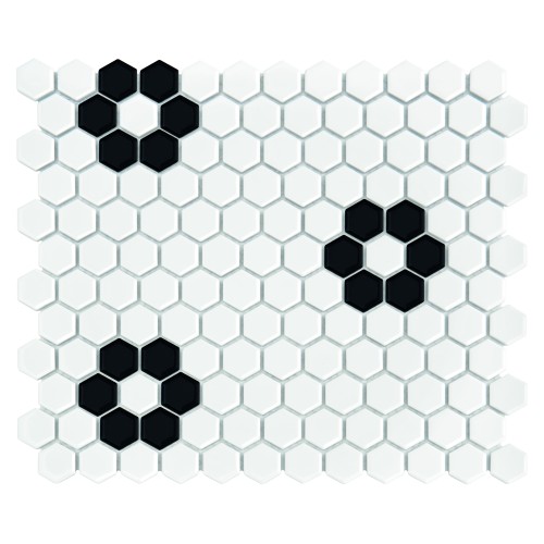 Mini Hexagon B&W FLOWER,płytka,mozaika,ceramiczna,kuchnia,łazienka,przedpokój,podłogi,ściany,30x26cm.