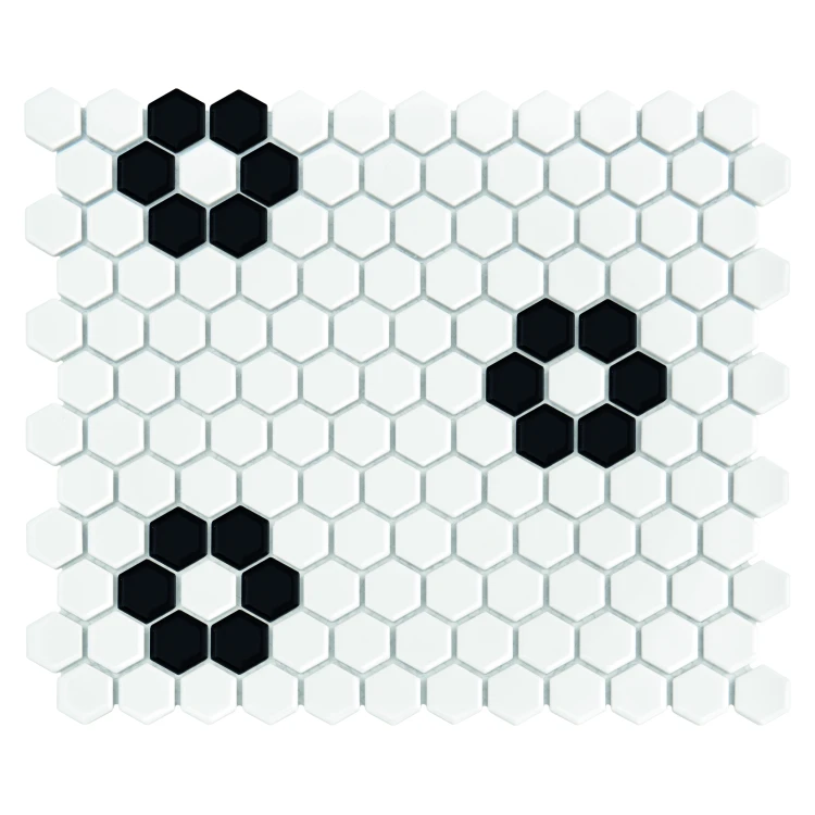 Mini Hexagon B&W FLOWER,płytka,mozaika,ceramiczna,kuchnia,łazienka,przedpokój,podłogi,ściany,30x26cm.
