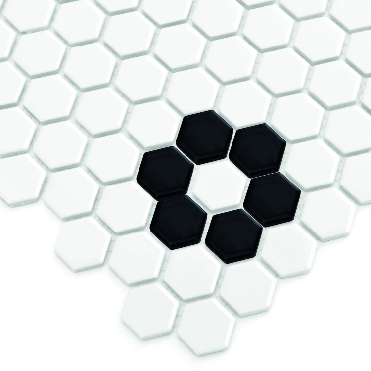 Mini Hexagon B&W FLOWER,płytka,mozaika,ceramiczna,kuchnia,łazienka,przedpokój,podłogi,ściany,30x26cm.