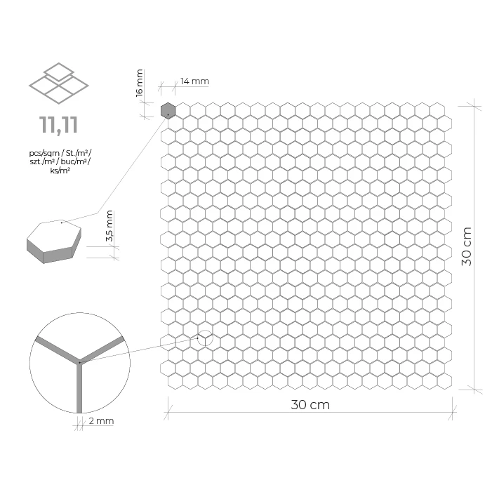 ALLUMI SILVER HEXAGON 14,płytka,mozaika,metalowa,kuchnia,łazienka,ściany,30x30cm.
